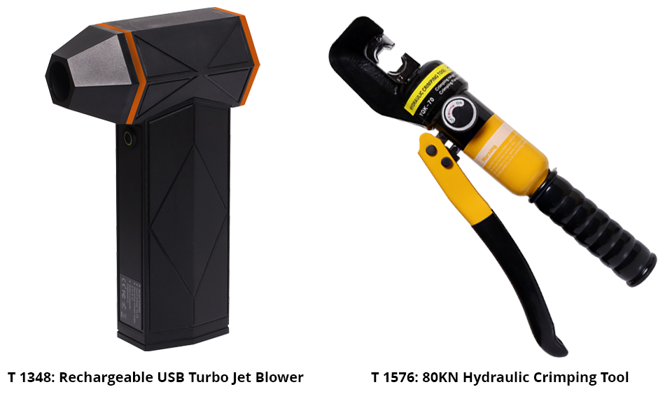 T 1348: Rechargeable USB Turbo Jet Blower and T 1576: 80 kN Hydraulic Crimping Tool