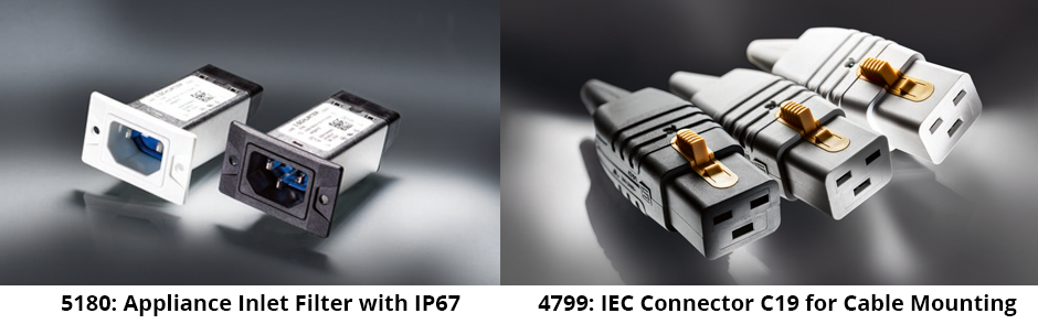 5180: Appliance Inlet Filter with IP67 and 4799: IEC Connector C19 for Cable Mounting